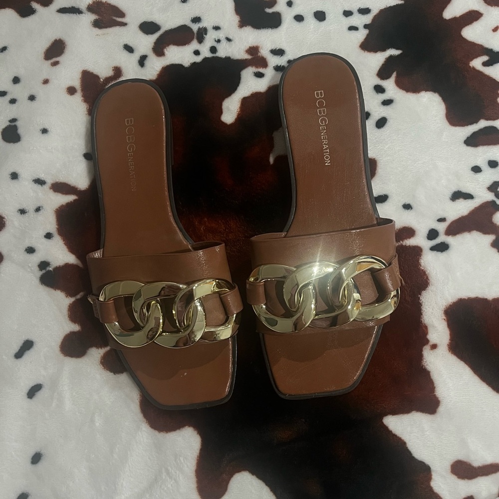 BCBGeneration Tan Sandals with Gold Chain Detail